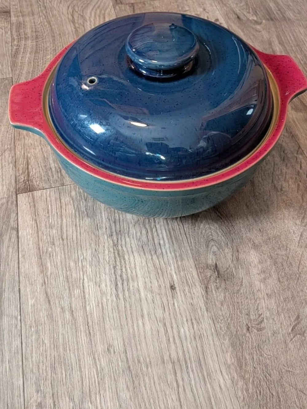 Vintage Denby England Classic Lidded Casserole Dish Harlequin Blue & Pink/Berry
